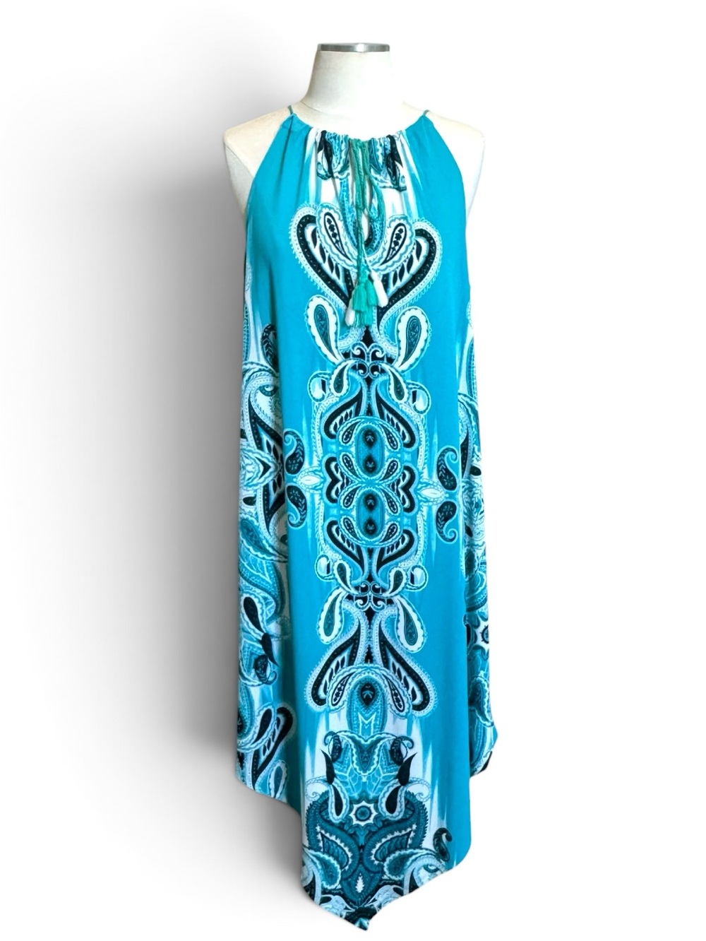 Melissa Paige Size Medium Teal Paisley Sharkbite Hem Halter Dress